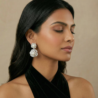 Dual Bloom Pearl Drops in Silver