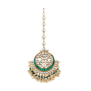 Emerald Green Pachi Kundan Tika With Golden Beads